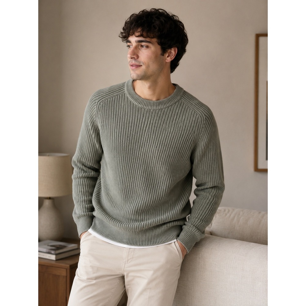Pact Mens Small Sage Green 100% Organic Cotton Ribbed Knit Crewneck Sweater